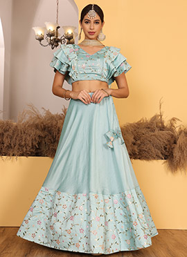Sea Green Art Silk Embroidered Lehenga