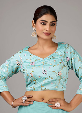 Sea Green Art Silk Embroidered Neck Blouse