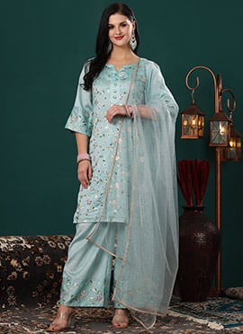 Sea Green Art Silk Embroidered Straight Suit