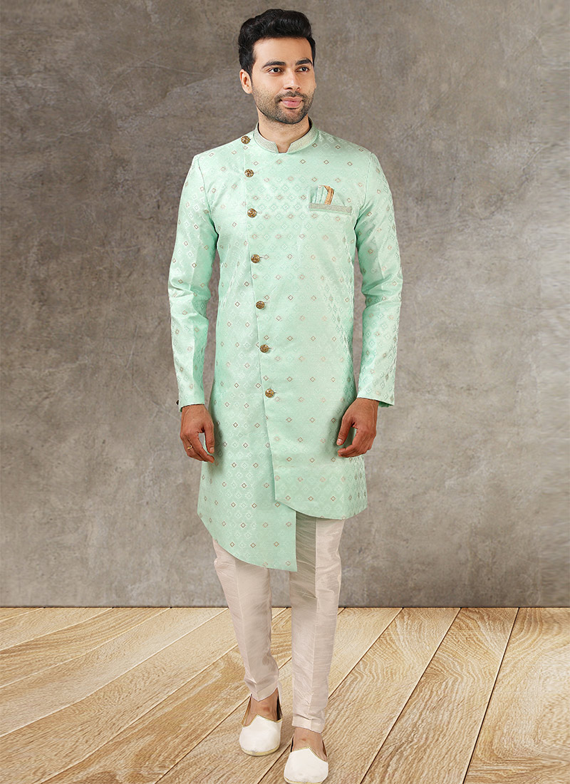 Sea Green Art Silk Jacquard Classic Sherwani Party Wear