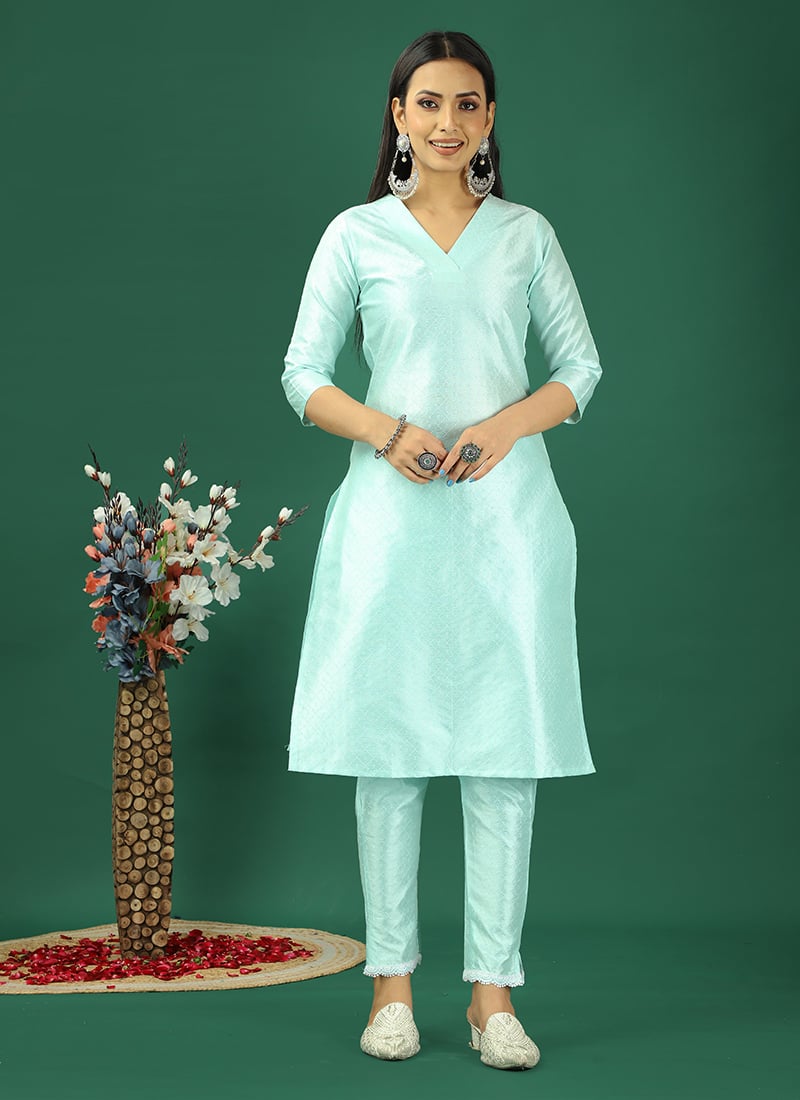 Teen Girls Sea Green Art Silk Straight Pant Kurta Sets Festive Wear