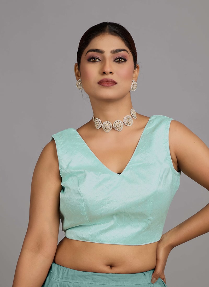 Sea Green Art Silk V Neck Blouse Festive Wear