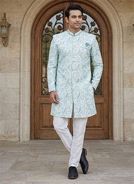 Sea Green Banarasi Jacquard Digital Print Indowestern Sherwani