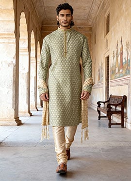 Sea Green Banarasi Jacquard Silk Kurta Pyjama