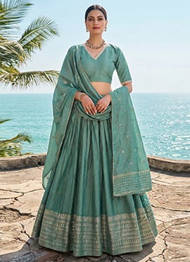 Sea Green Chanderi Silk Zari And Gota Work Lehenga