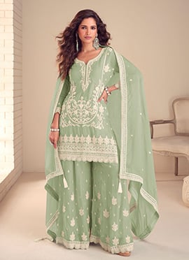 Sea Green Chinon Embroidered Hand Work Palazzo Suit