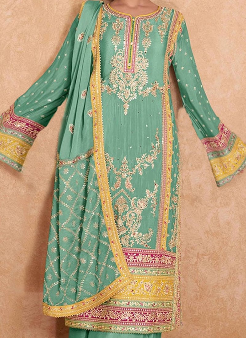Women See Green Chinon Embroidered Palazzo Suit