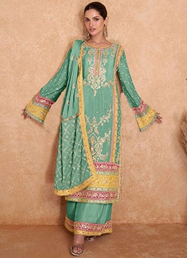 Sea Green Chinon Embroidered and Gota Palazzo Suit