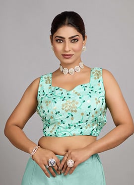 Sea Green Embroidered Art Silk Sleeveless Blouse
