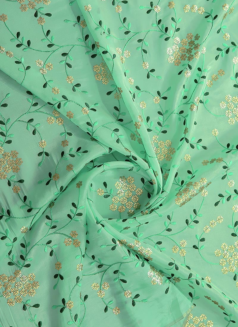 Sea Green Embroidered Art Silk Fabric