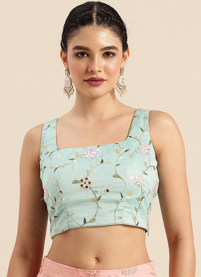 Sea Green Embroidered Sleeveless Blouse Party Wear