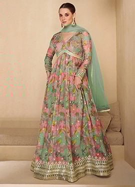 Sea Green Georgette Anarkali Gown With Embroidered Sequins And Dupatta