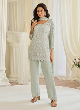 Sea Green Georgette Embroidered Sequins Beads Straight Pant Suit
