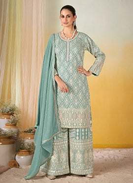 Sea Green Georgette Embroidered Sequins Mirror Work Thread Palazzo Suit