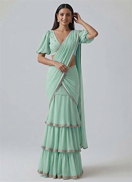 Sea Green Georgette Zari Embroidered Sequins Lehenga Saree
