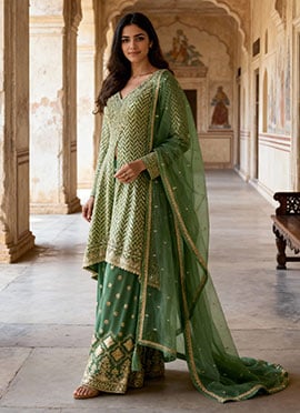 Sea Green Georgette Zari Sequins Stone Work High Slit Palazzo Suit