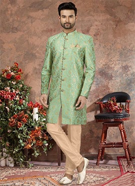 Sea Green Jacquard Silk Digital Printed Classic Sherwani