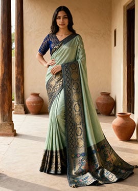 Sea Green Kanjivaram Silk Zari Saree With Kadiyal Pattern Woven Meenakari Woven Pallu