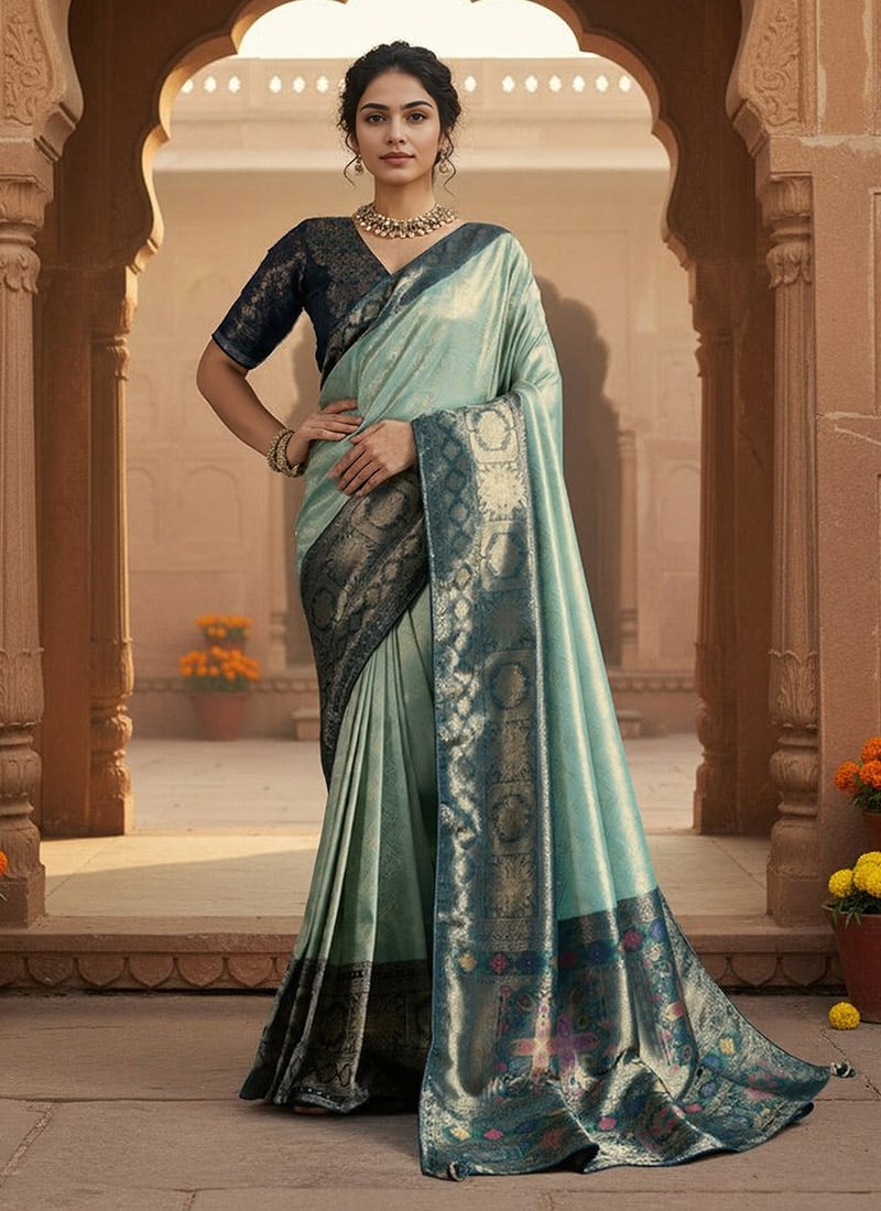 Sea Green Kanjivaram Silk Zari Saree With Kadiyal Pattern Woven Meenakari Woven Pallu