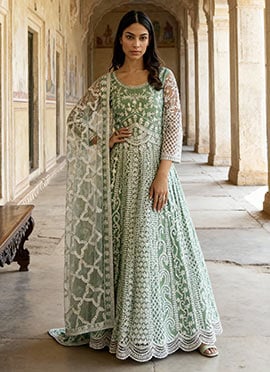 Sea Green Net Embroidered Stone And Mirror Work A Line Anarkali Suit Wedding Wear