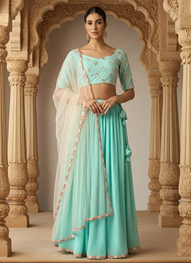 Sea Green Net Sequins Embroidered Lehenga Set
