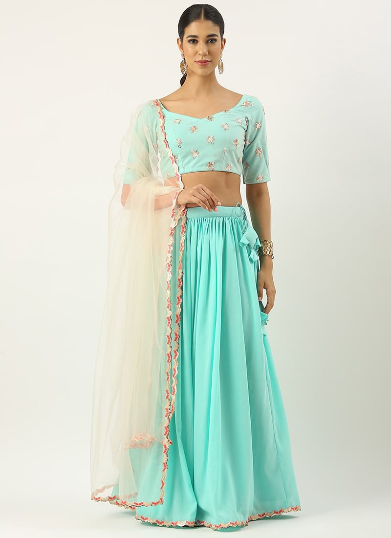 Sea Green Net Sequins Embroidered Lehenga Set