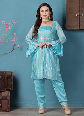 Sea Green Rangoli Indowestern Set With Jacket