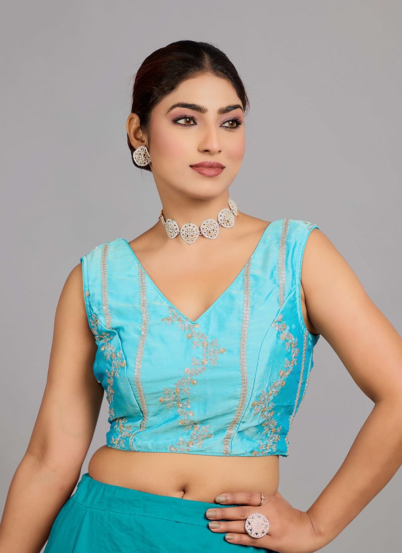 Sea Green Rangoli Silk Embroidered V Neck Blouse Party Wear
