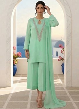 Sea Green Silk Hand Embroidered Sequins With Stone Palazzo Suit