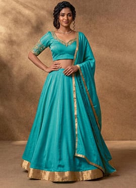 Sea Green Silk Lehenga Set With Zari Hand Embroidery