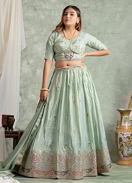 Sea Green Silk Zari Gota Embroidered Lehenga
