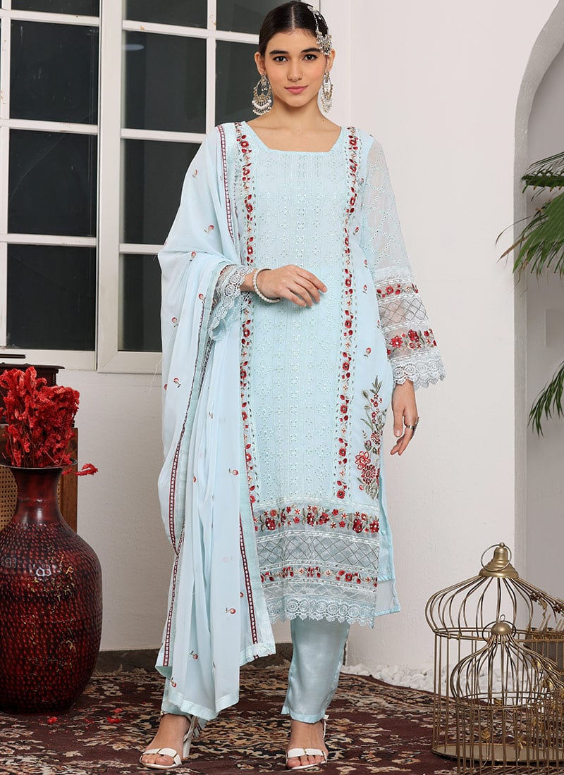 Seafoam Faux Georgette Embroidered Pakistani Suit Party Wear