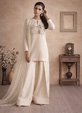 Serene Cream Silk Resham Beads Hand Embroidered Salwar Suit