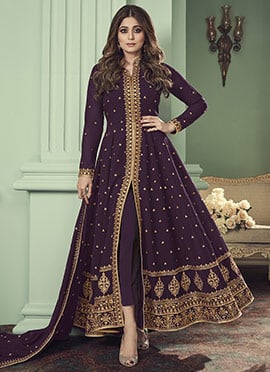 Shamita Shetty Purple Georgette Embroidered Anarkali Suit