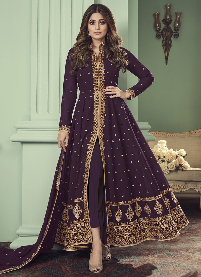 Shamita Shetty Purple Georgette Embroidered Anarkali Suit Party Wear