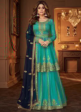 Shamita Shetty Turquoise Georgette Embroidered Anarkali Lehenga