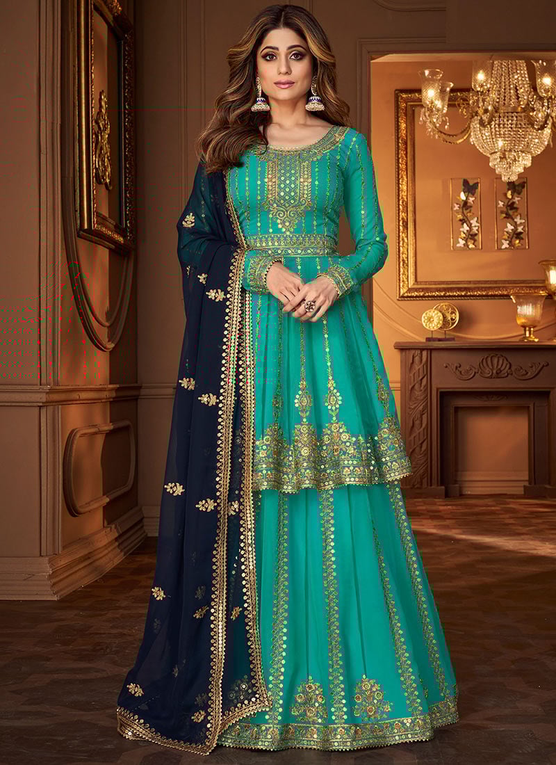 Shamita Shetty Turquoise Georgette Embroidered Anarkali Lehenga Festive Wear