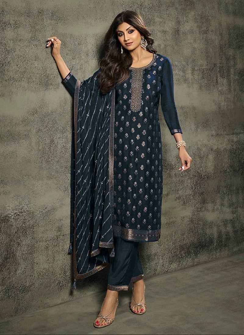Shilpa Shetty Blue Art Silk Embroidered Straight Pant Suit Party Wear
