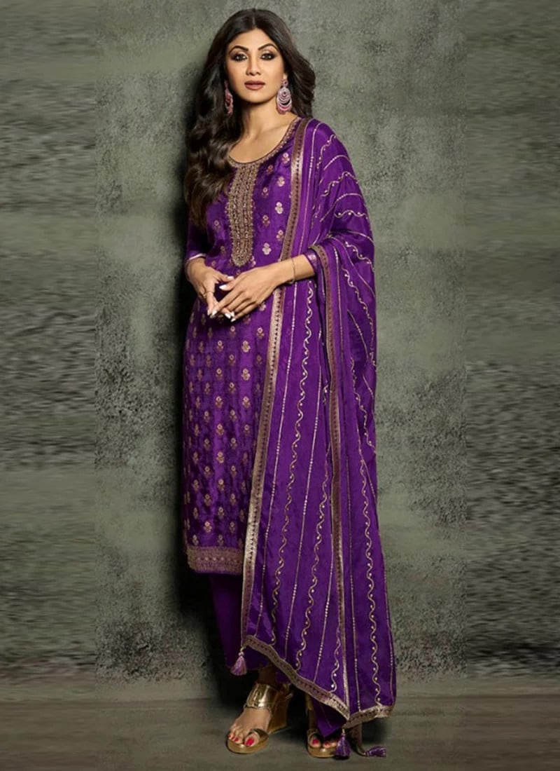 Shilpa Shetty Purple Art Silk Embroidered Straight Pant Suit Party Wear