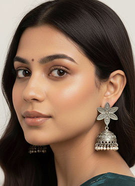 Silver Beaded Oxidised Jhumka