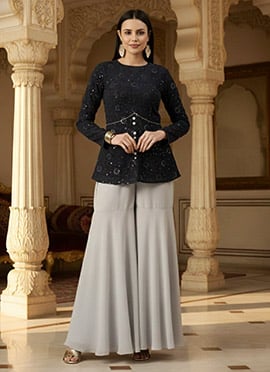 Teen Girls Silver N Dark Grey Georgette Sequins Embroidered Gharara Set