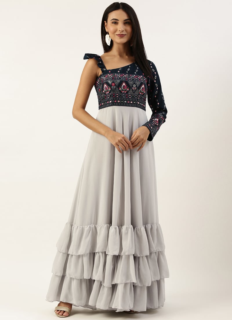 Silver N Teal Green Georgette Embroidered Gown Festive Wear