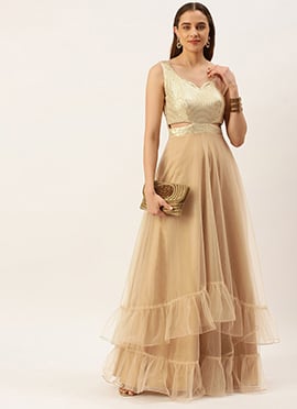Silver Sequins Embroidered N Light Beige Net Gown