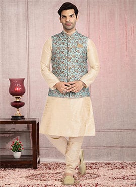 Sky Blue Art Benarasi Silk Printed Bandi Set