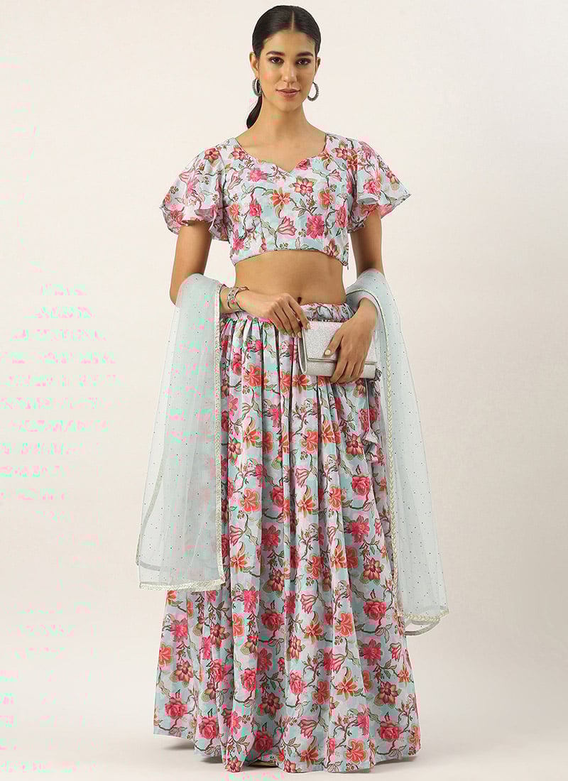 Sky Blue Art Silk Digital Print Lehenga Set