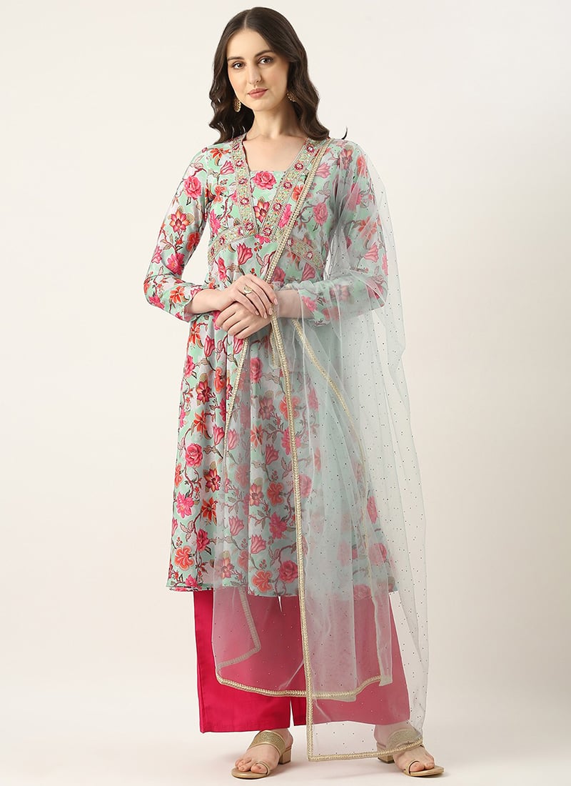 Sky Blue Art Silk Digital Printed Anarkali Suit
