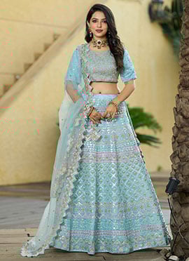 Sky Blue Art Silk Embroidered Sequins A Line Lehenga With Matching Choli And Dupatta