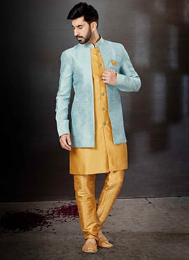 Sky Blue Art Silk Jacquard Indowestern Sherwani