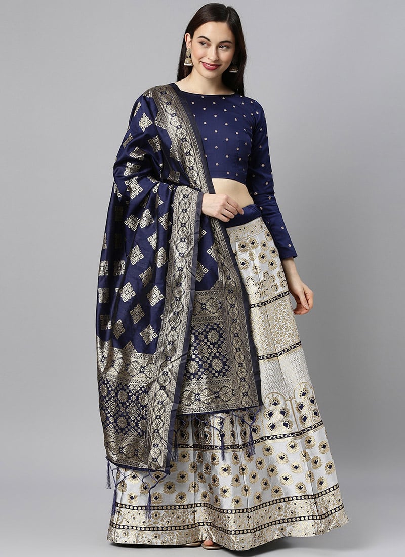 Sky Blue Benarasi Silk Brocade A Line Lehenga Festive Wear