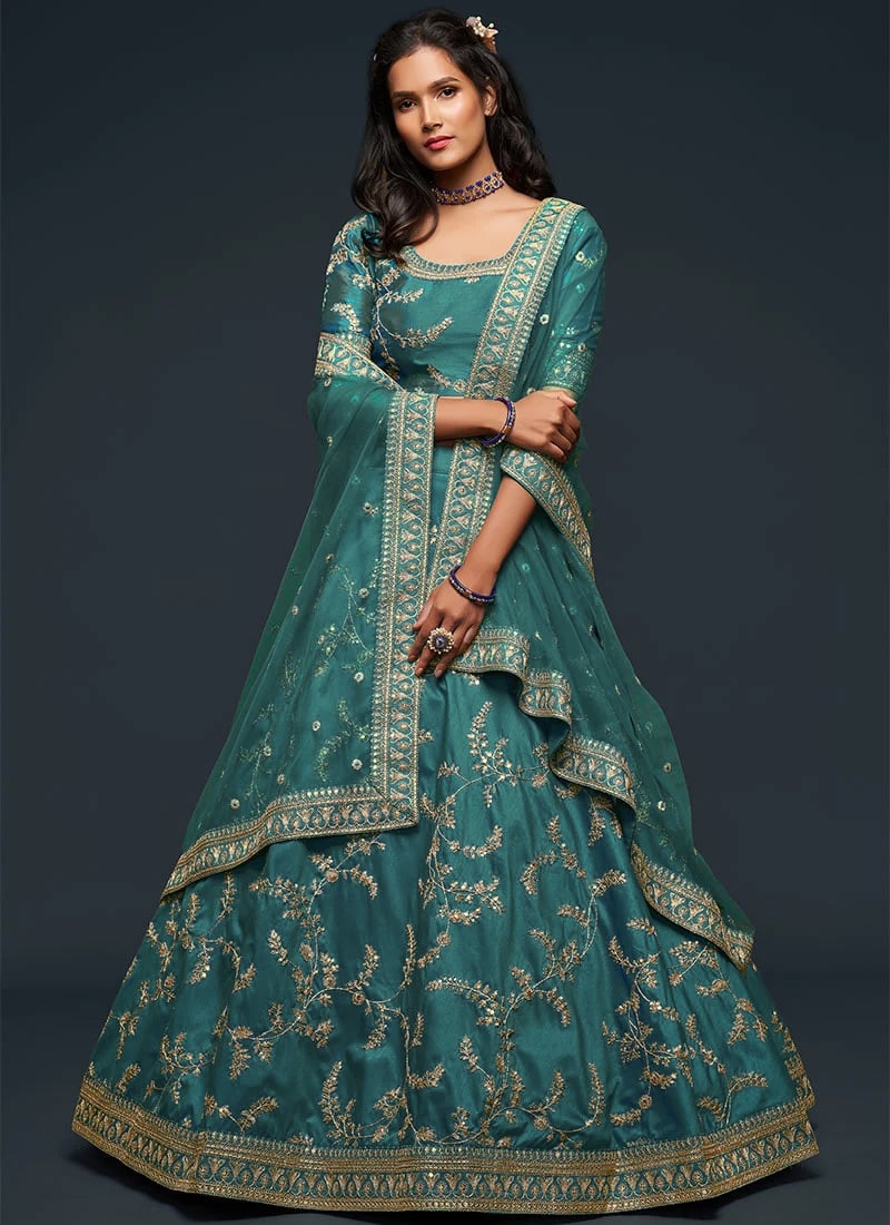 Sky Blue Benarasi Silk Embroidered N Sequins Umbrella Lehenga Party Wear